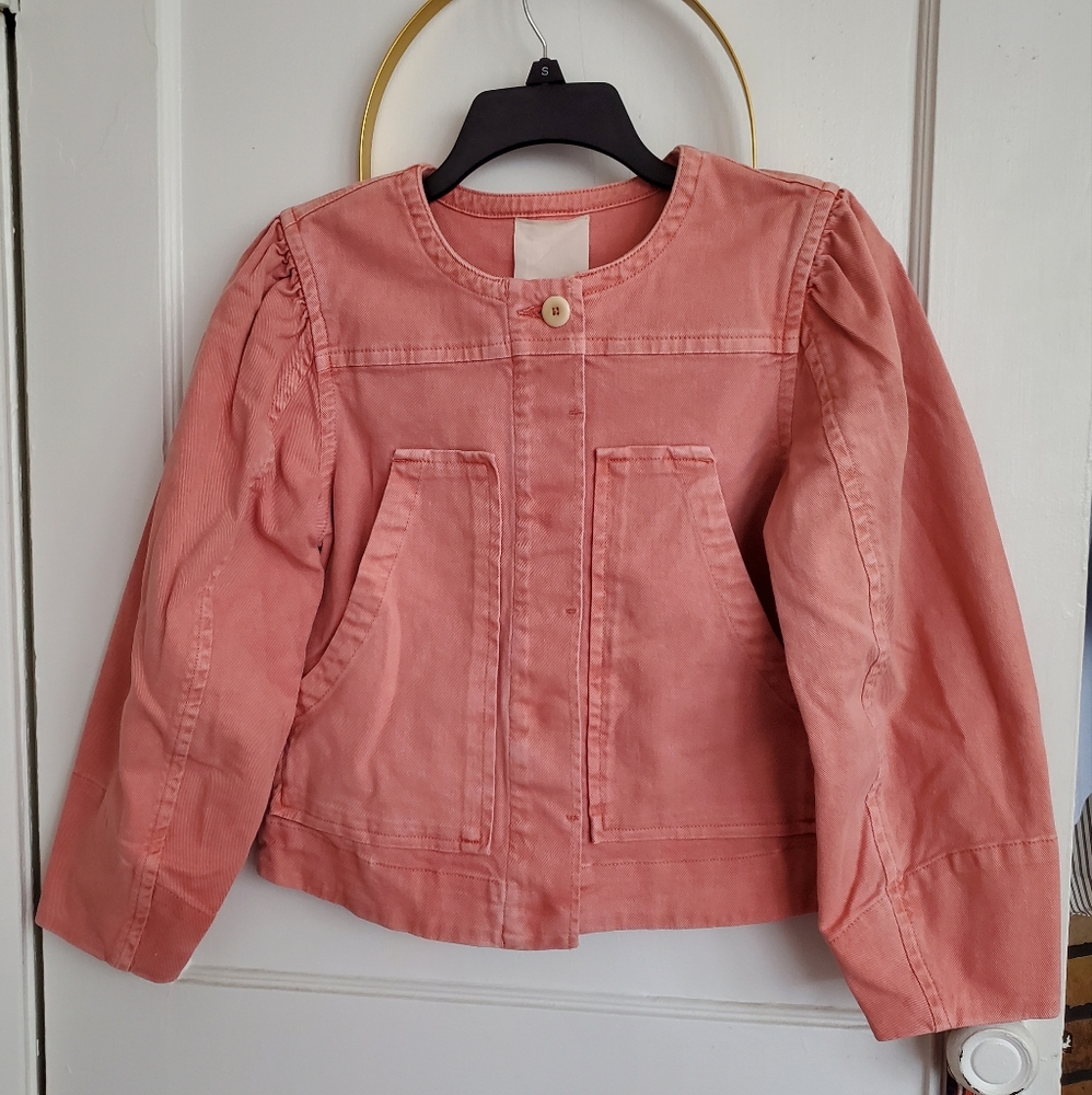 La Vie Rebecca Taylor cropped puff sleeved pink denim jacket new S